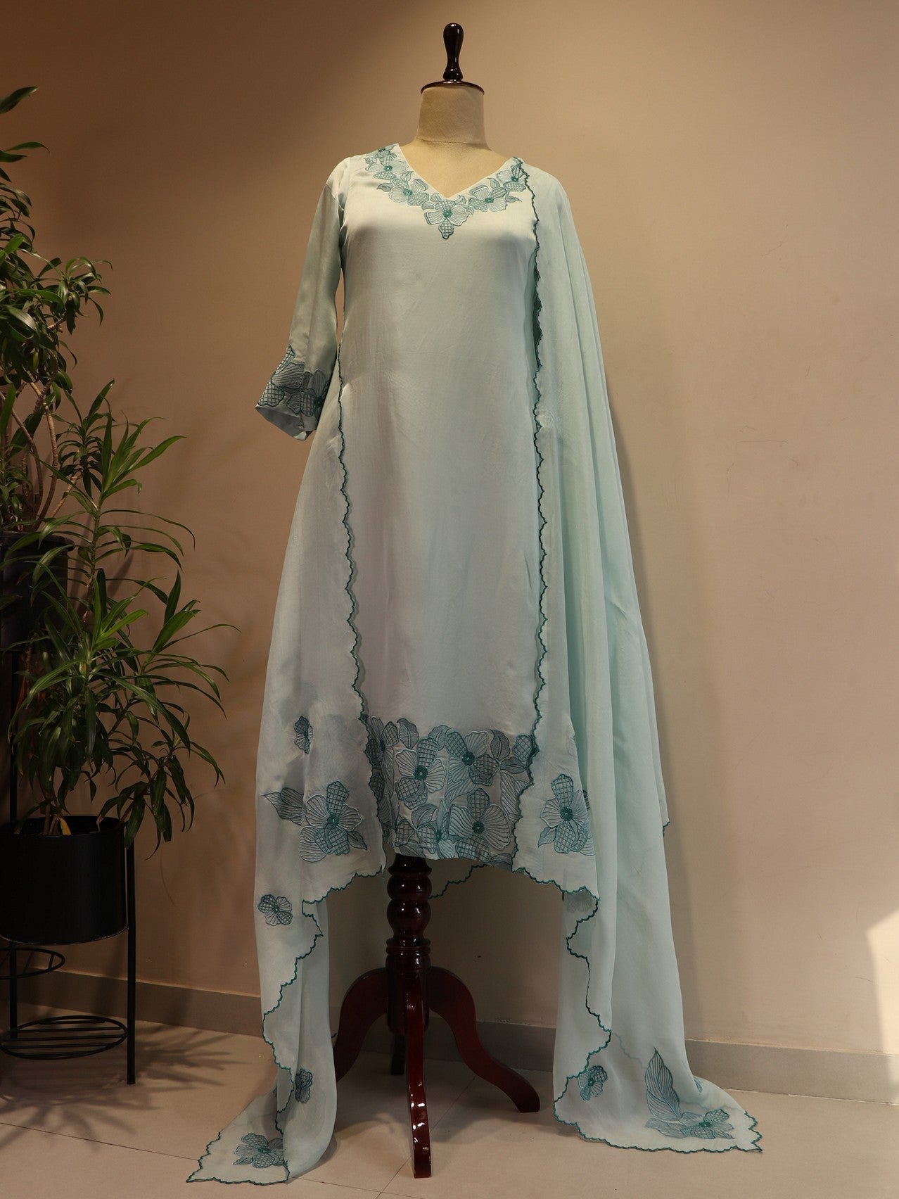 Sea green applique kurta pants dupatta