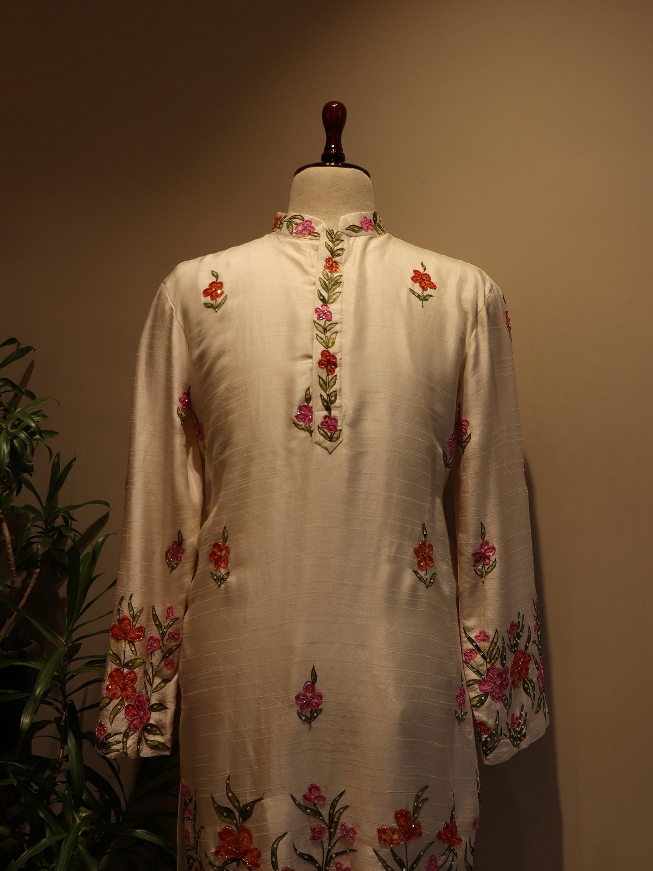 White hand painted mens kurta with pants