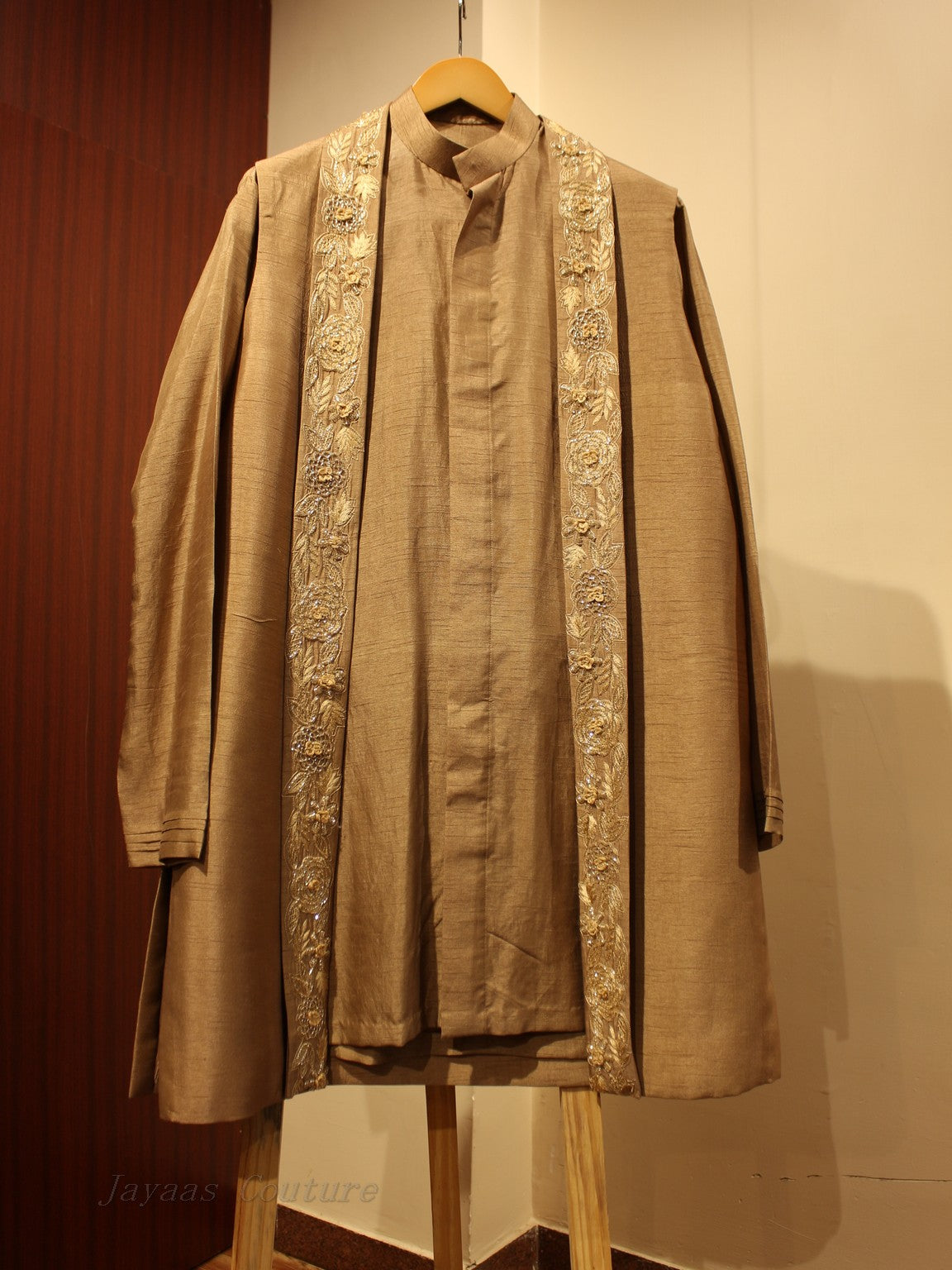 Dusty beige mens long jacket with kurta pants
