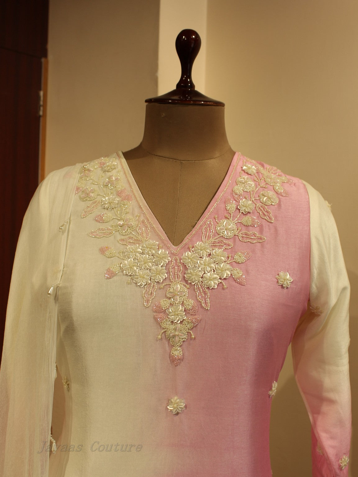Off white pink shaded kurta pants with dupatta
