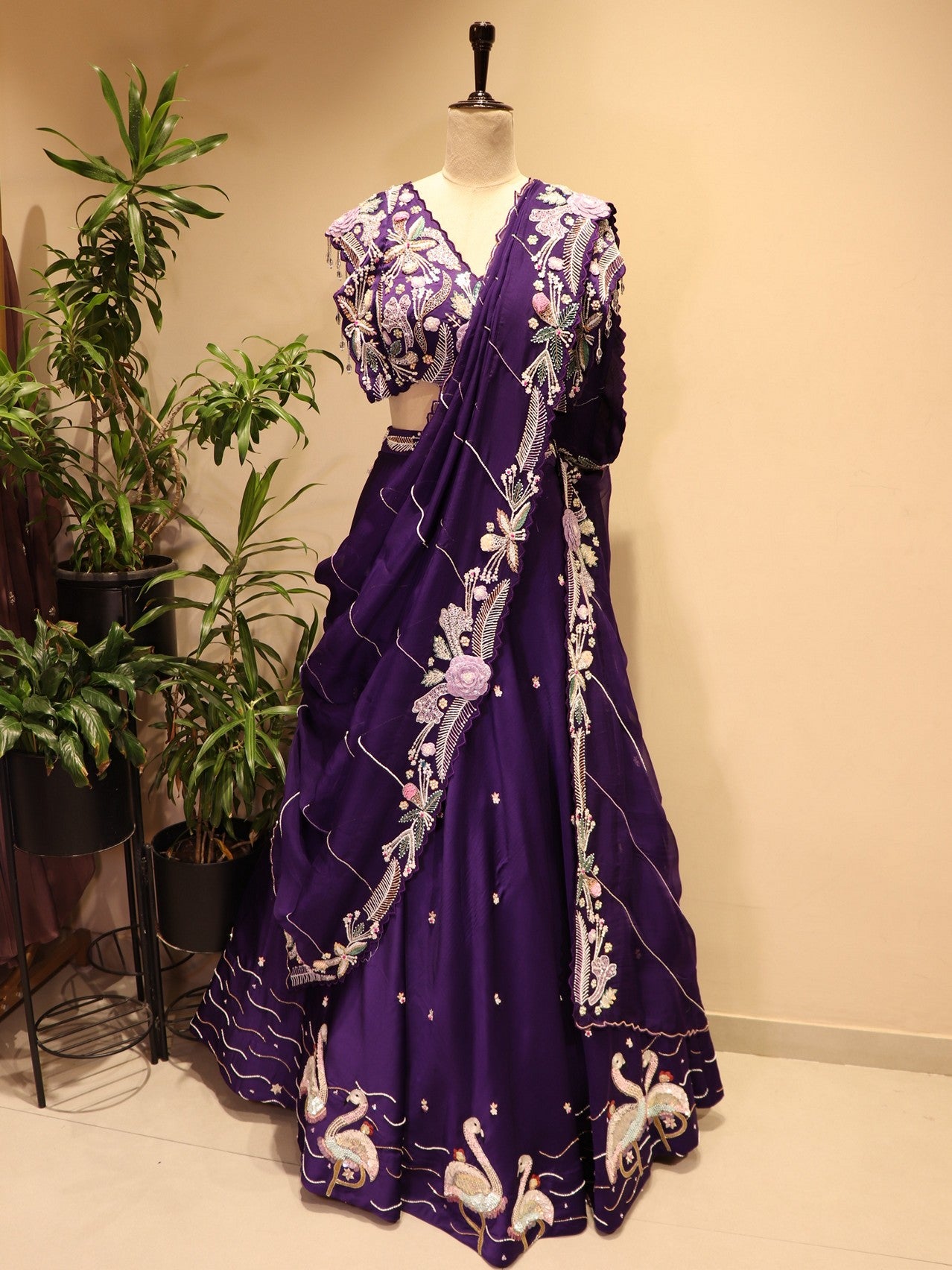 Purple embroidered crane lehenga set