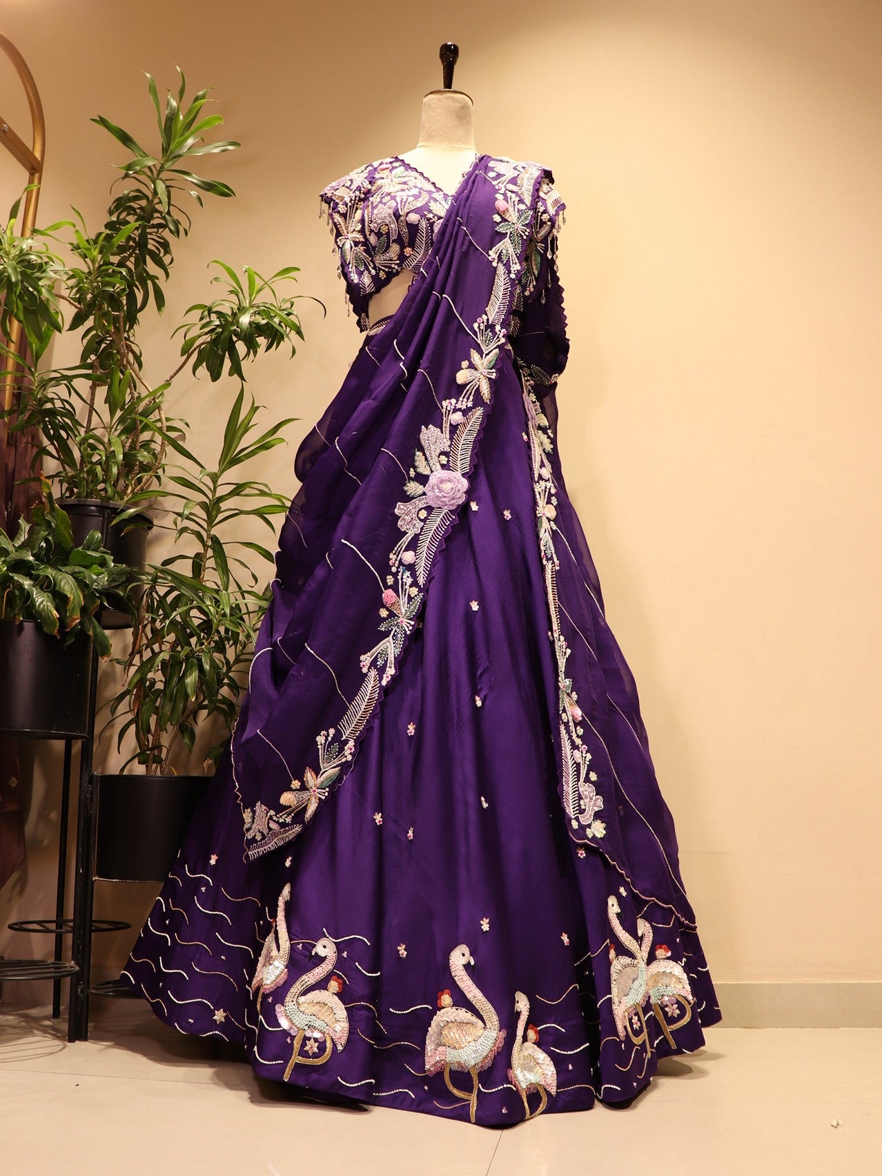 Purple embroidered crane lehenga set