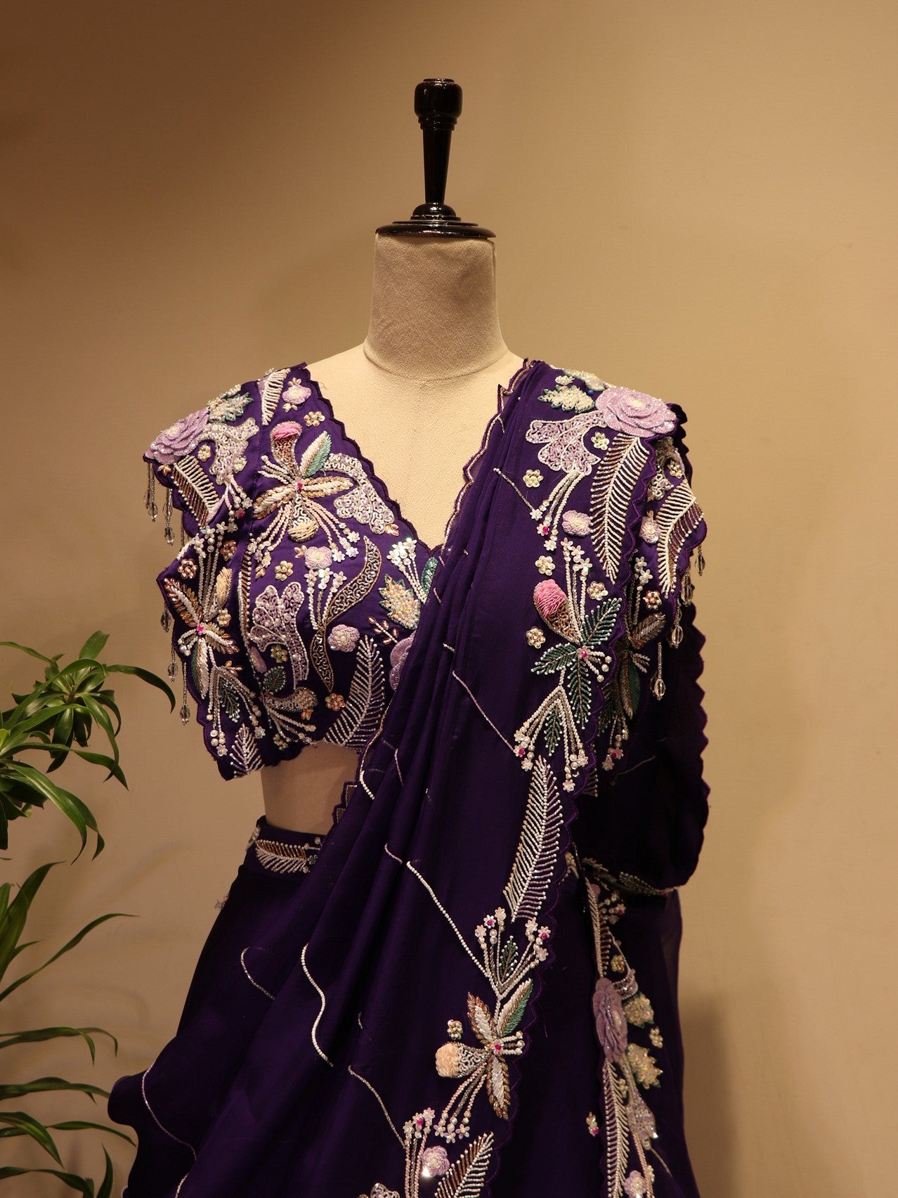 Purple embroidered crane lehenga set