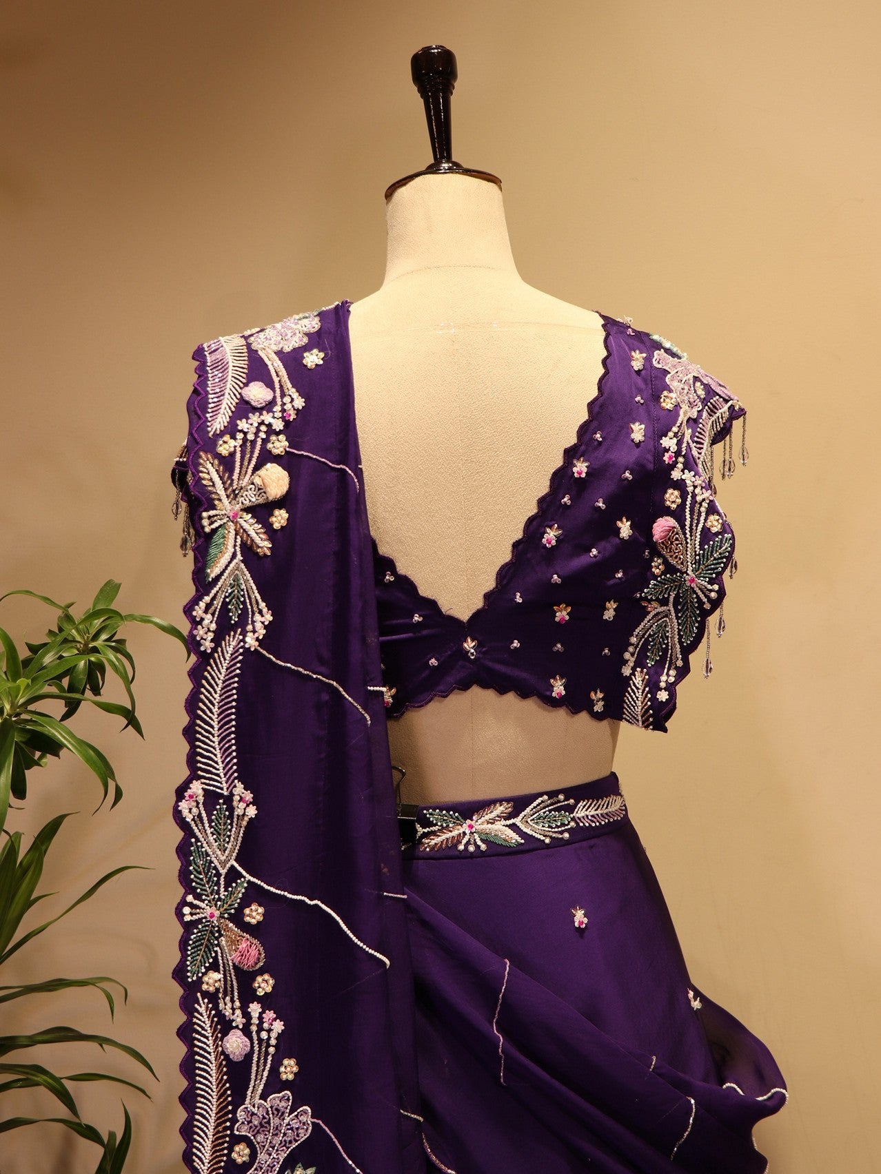 Purple embroidered crane lehenga set