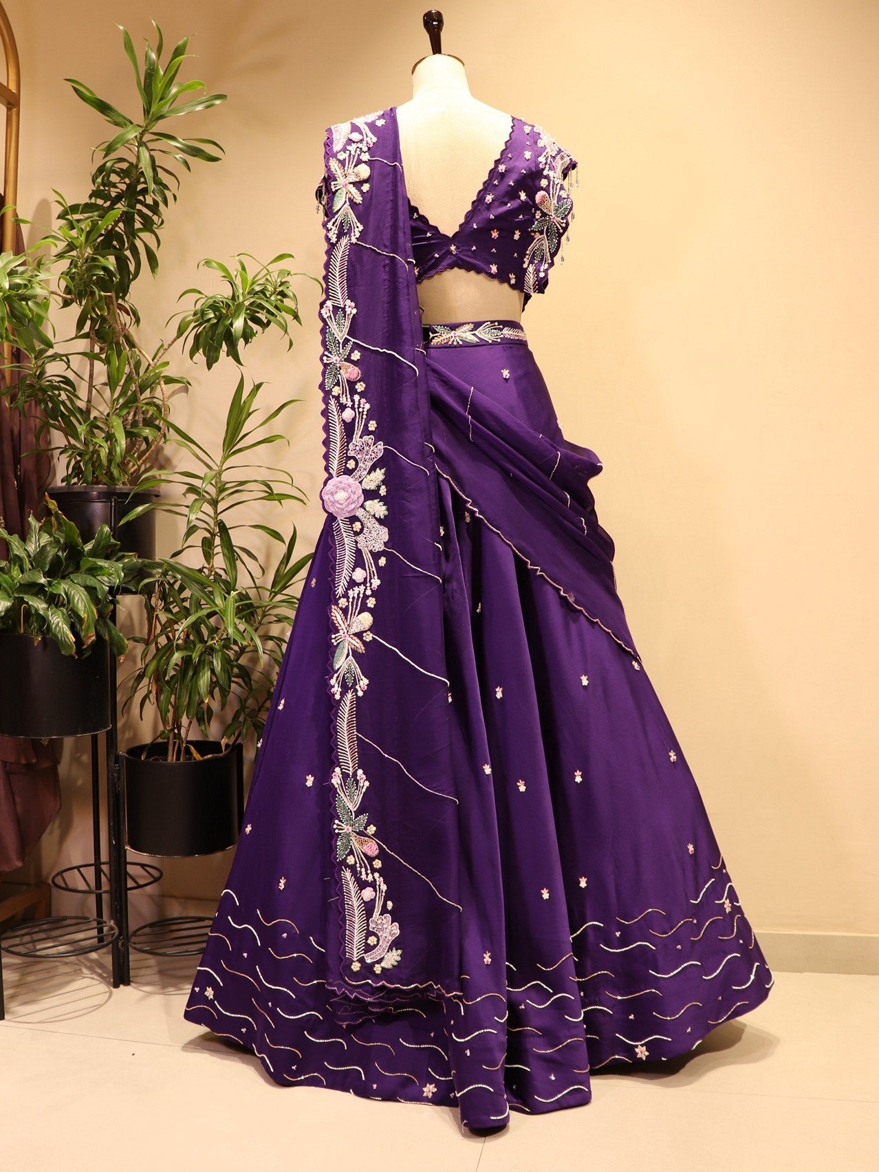 Purple embroidered crane lehenga set