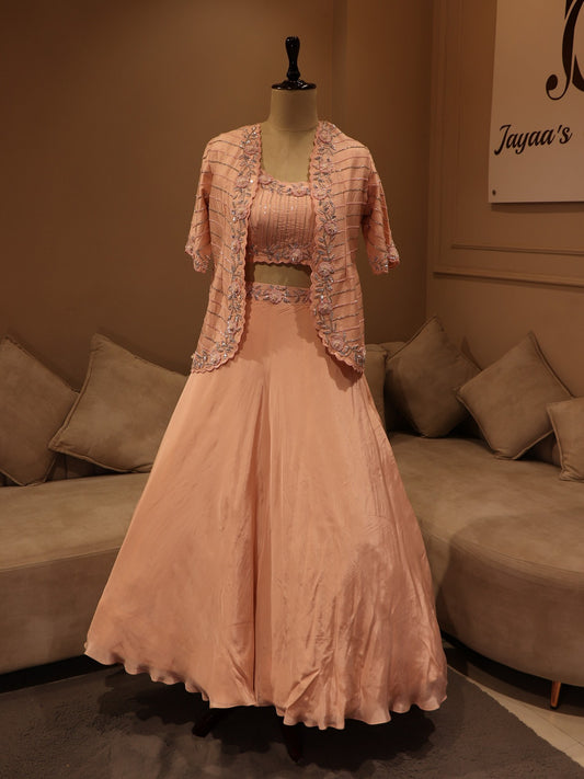 Blush pink crop top skirt with shrug