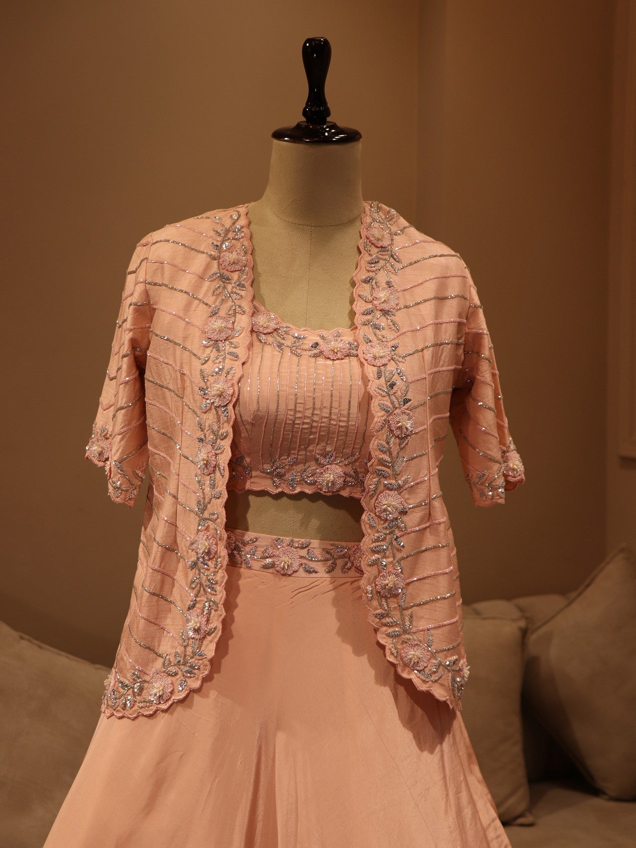 Blush pink crop top skirt with shrug