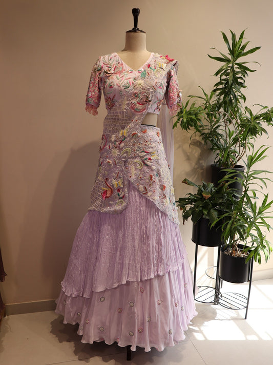 Lavander radha krishna ji hand painted lehenga set