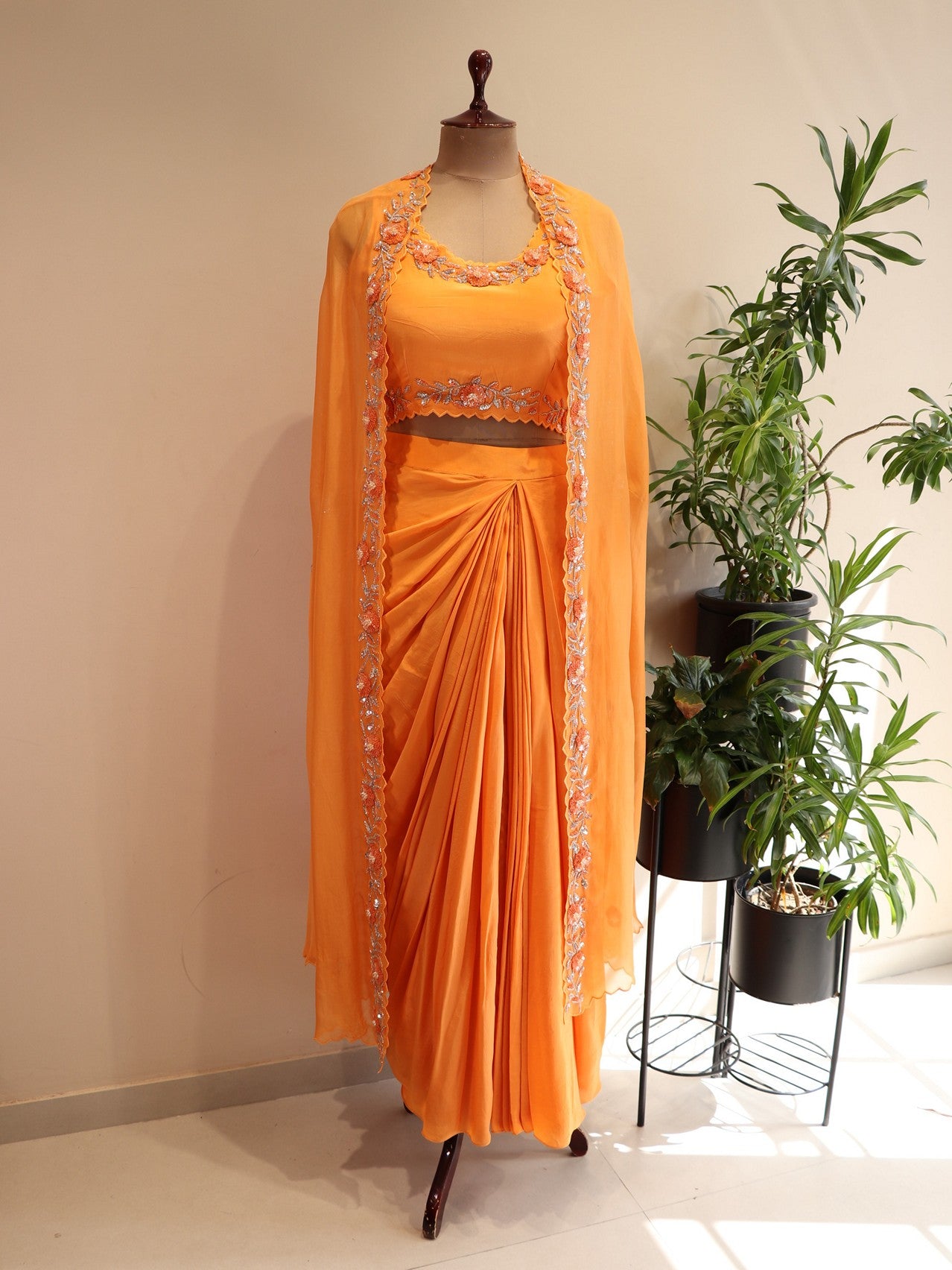 Rust orange crop top skirt with cape