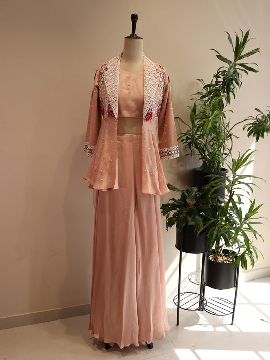 Peach crop top plazo with shrug