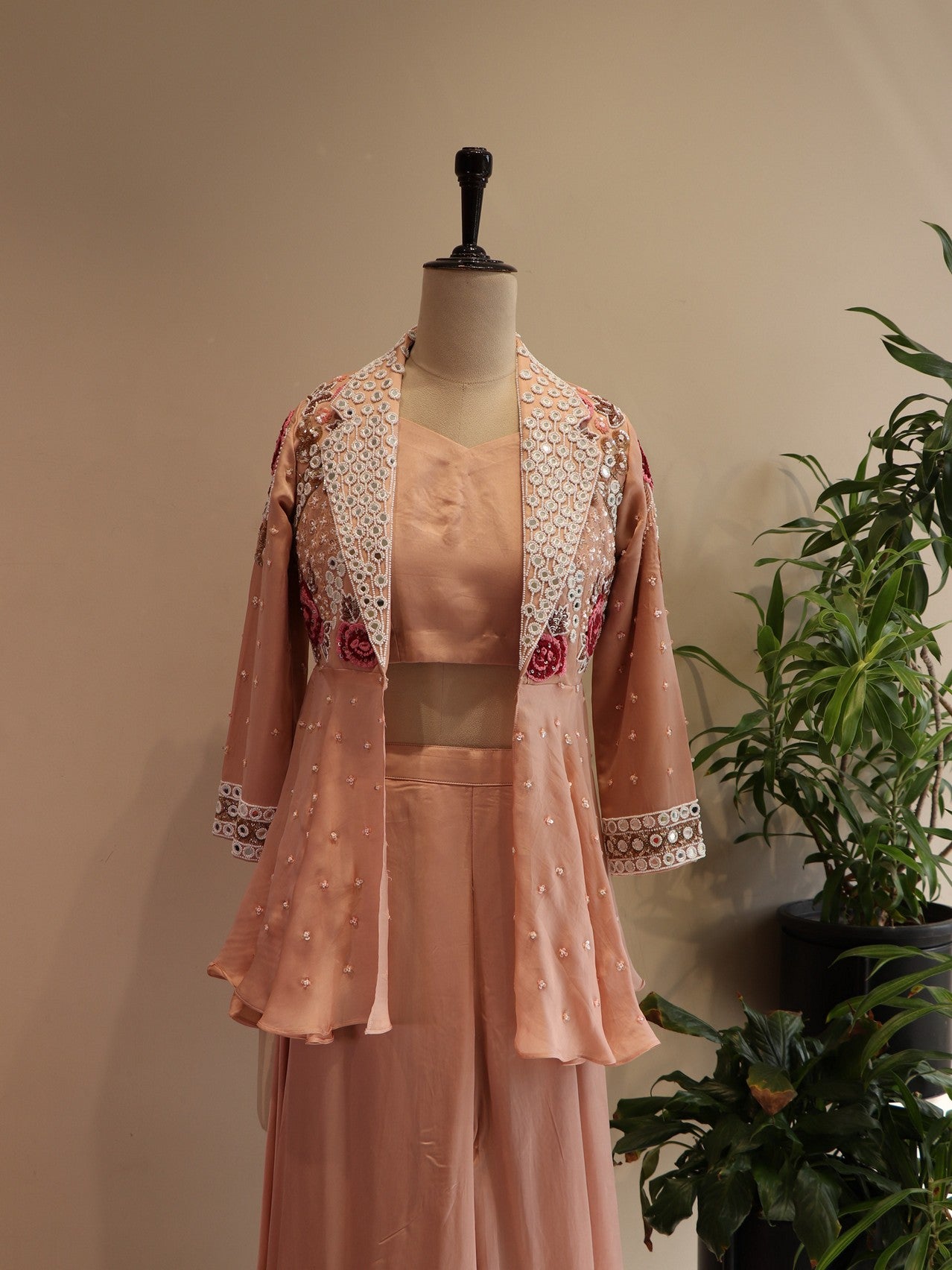 Peach crop top plazo with shrug