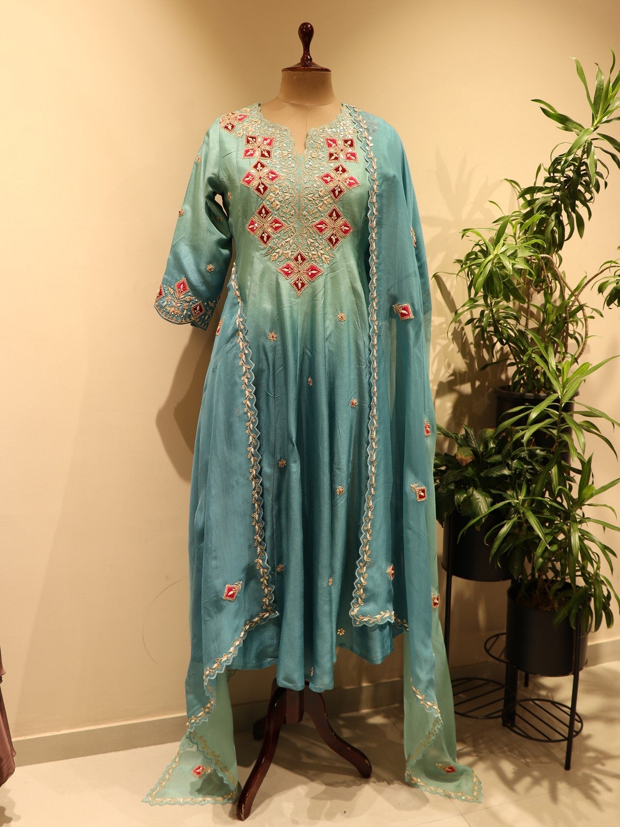Sea green shaded anarkali plazo dupatta