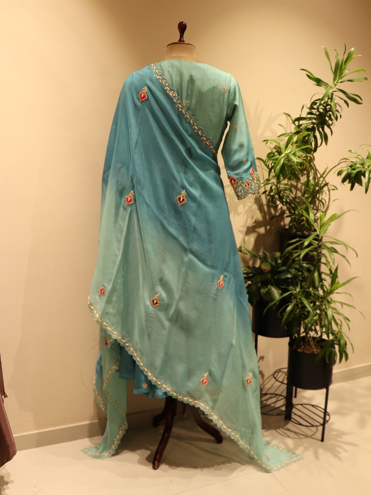 Sea green shaded anarkali plazo dupatta