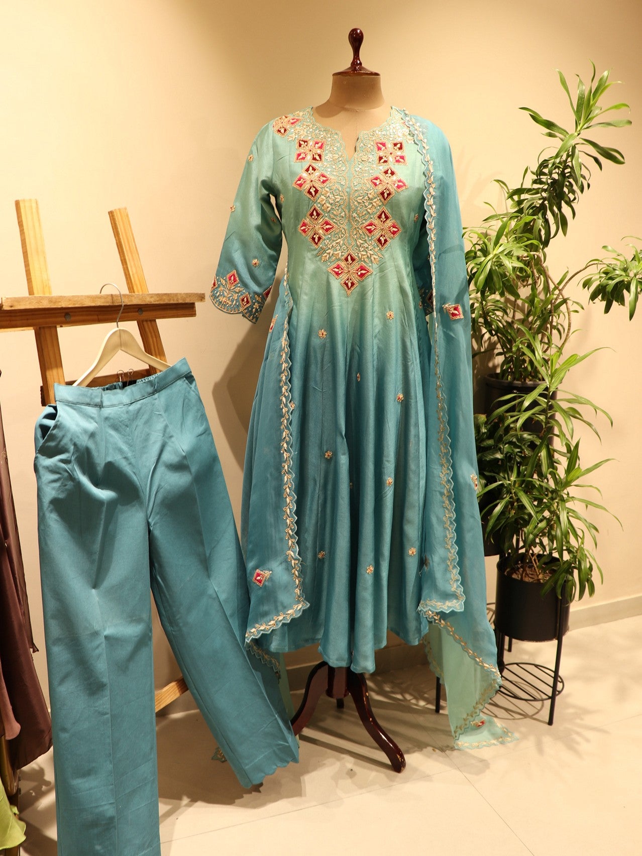 Sea green shaded anarkali plazo dupatta