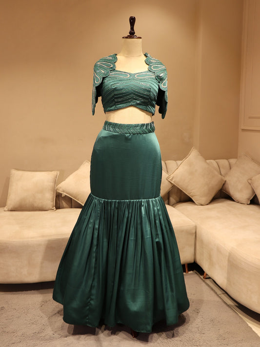 Turquoise blue cape top with fish cut skirt