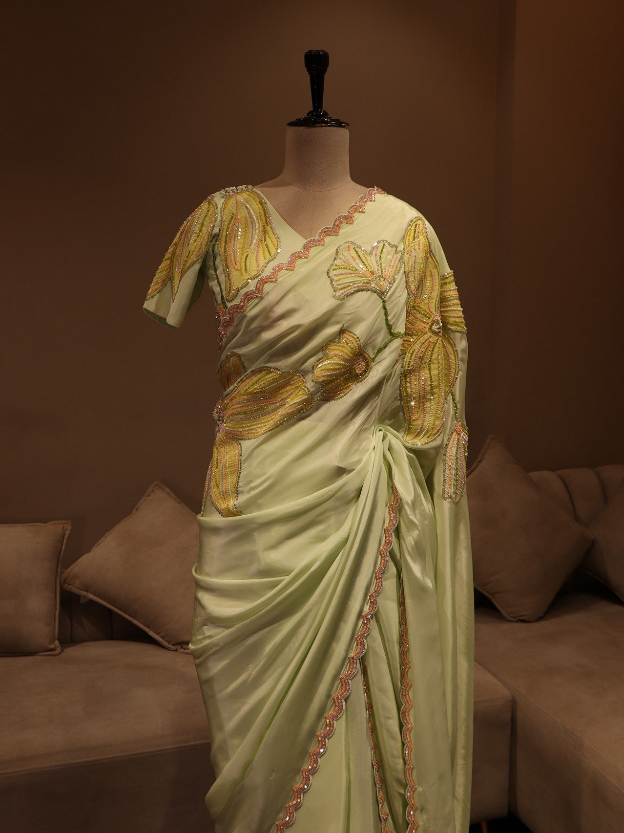 Mint green applique saree