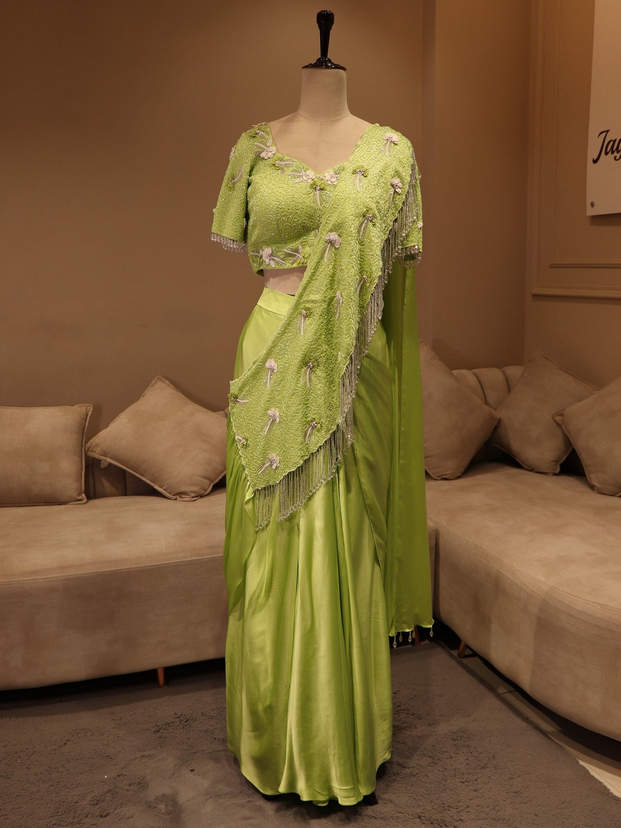 Parrot green drape saree