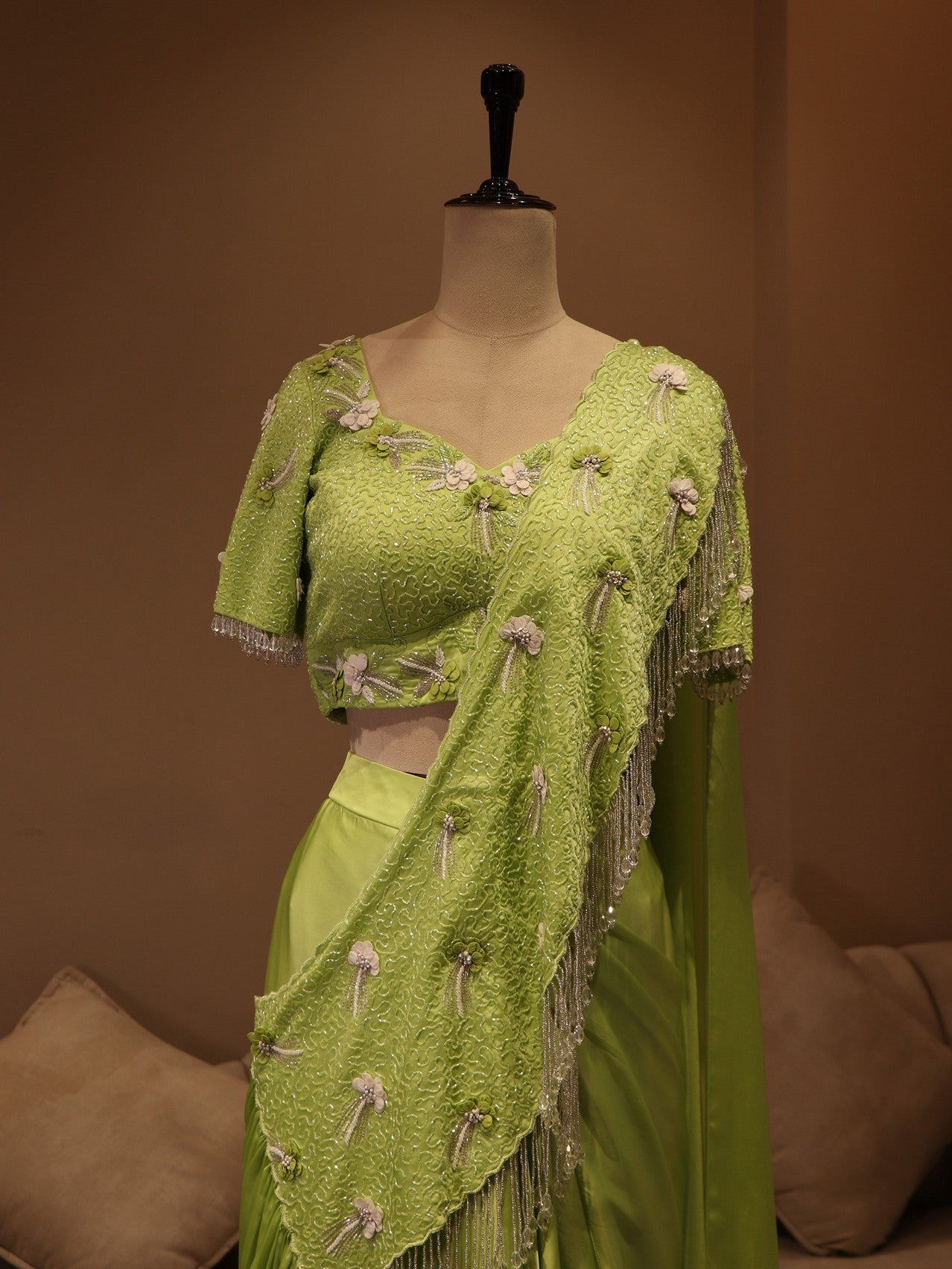 Parrot green drape saree