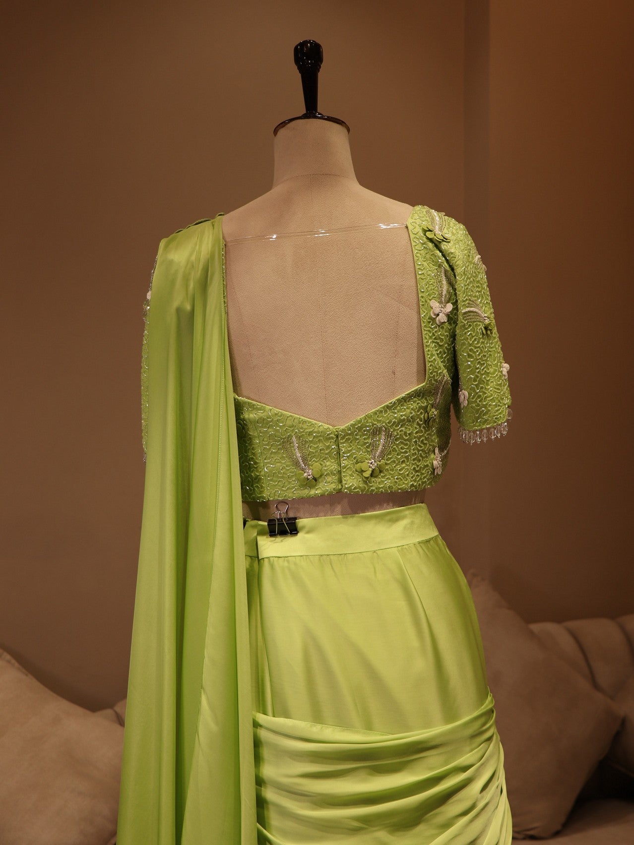 Parrot green drape saree