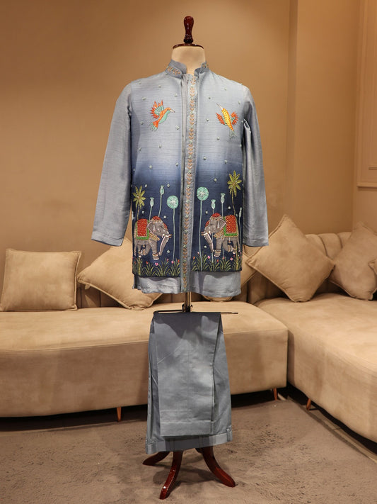 blue shaded hand painted mens indo western
