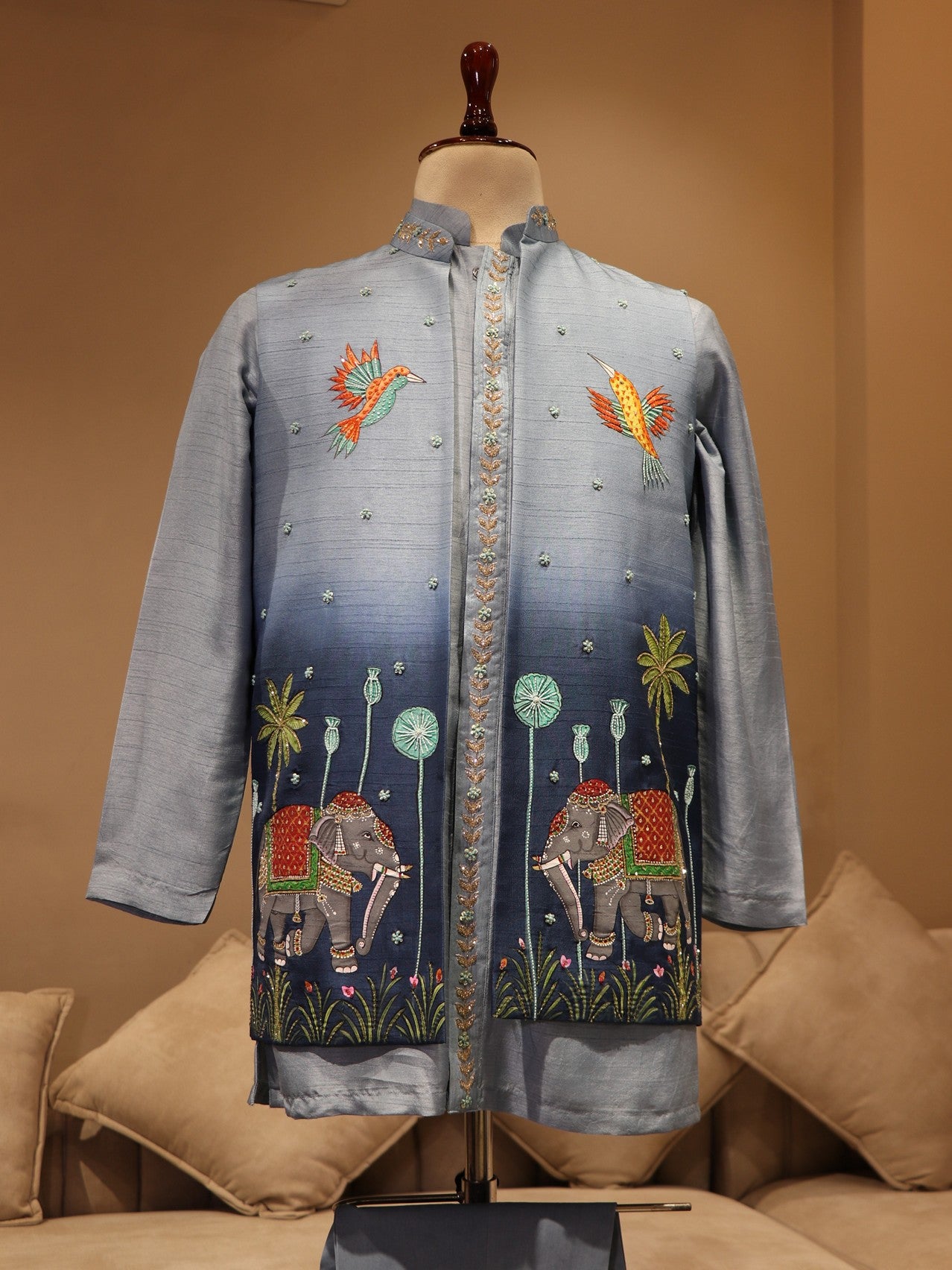 blue shaded hand painted mens indo western