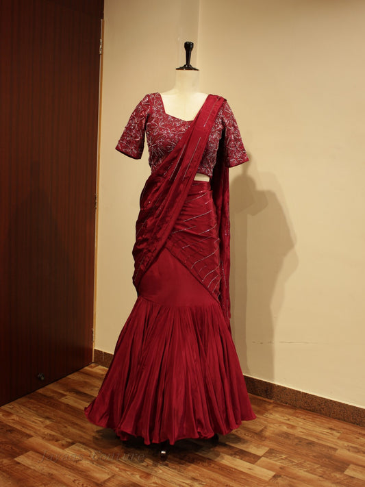 cranberry maroon pre drape saree