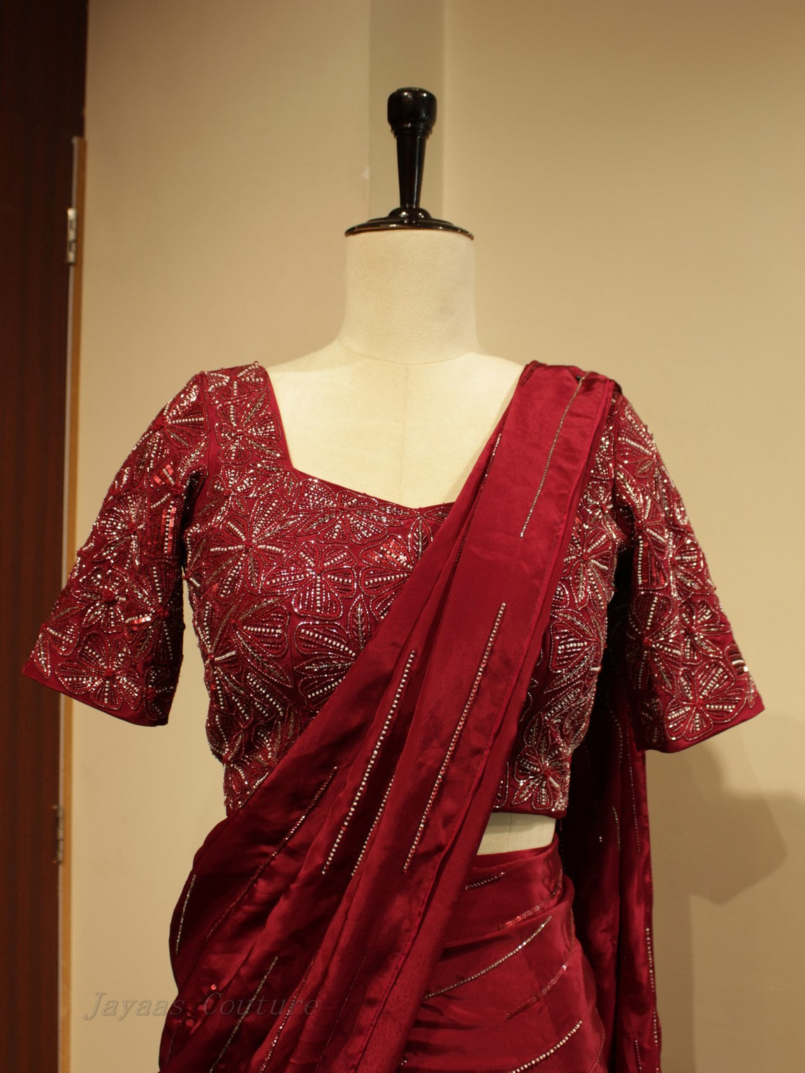 cranberry maroon pre drape saree