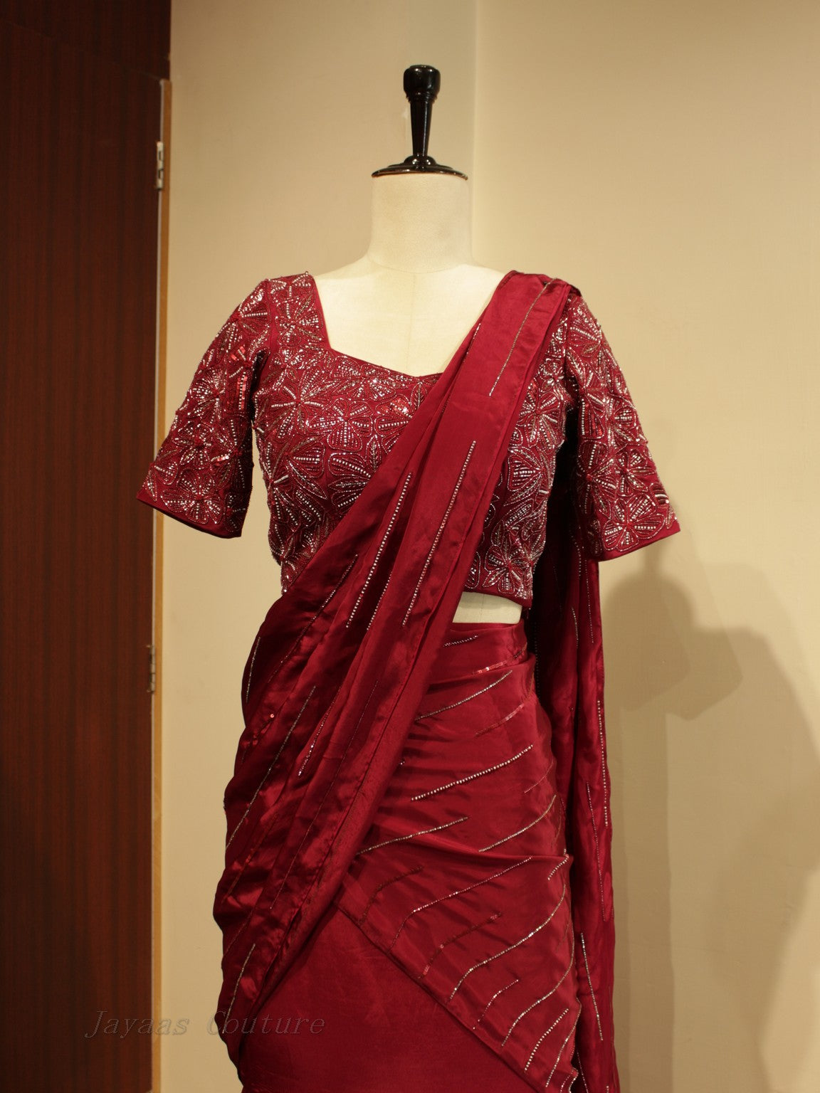 cranberry maroon pre drape saree