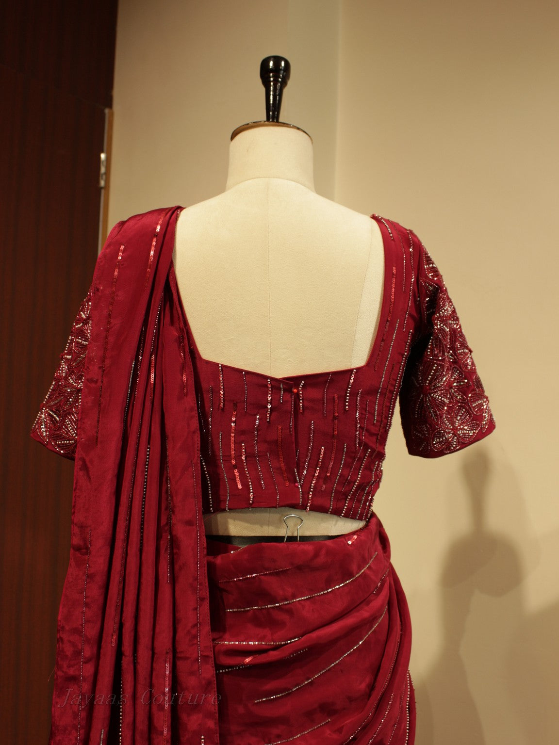 cranberry maroon pre drape saree