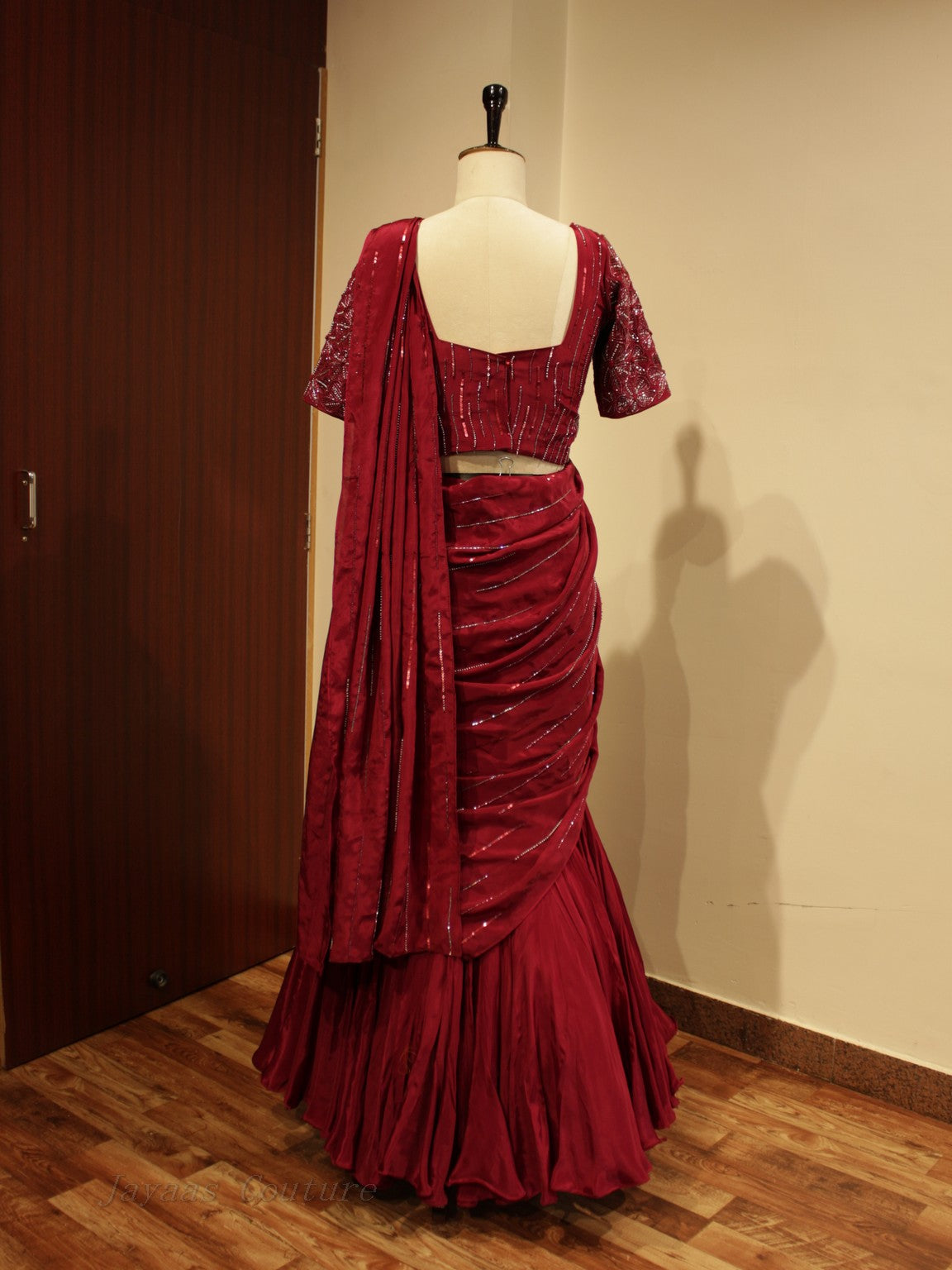 cranberry maroon pre drape saree