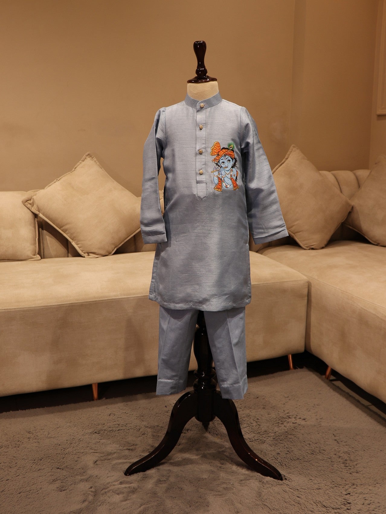 ice blue krishna mens hand painted kurta pants