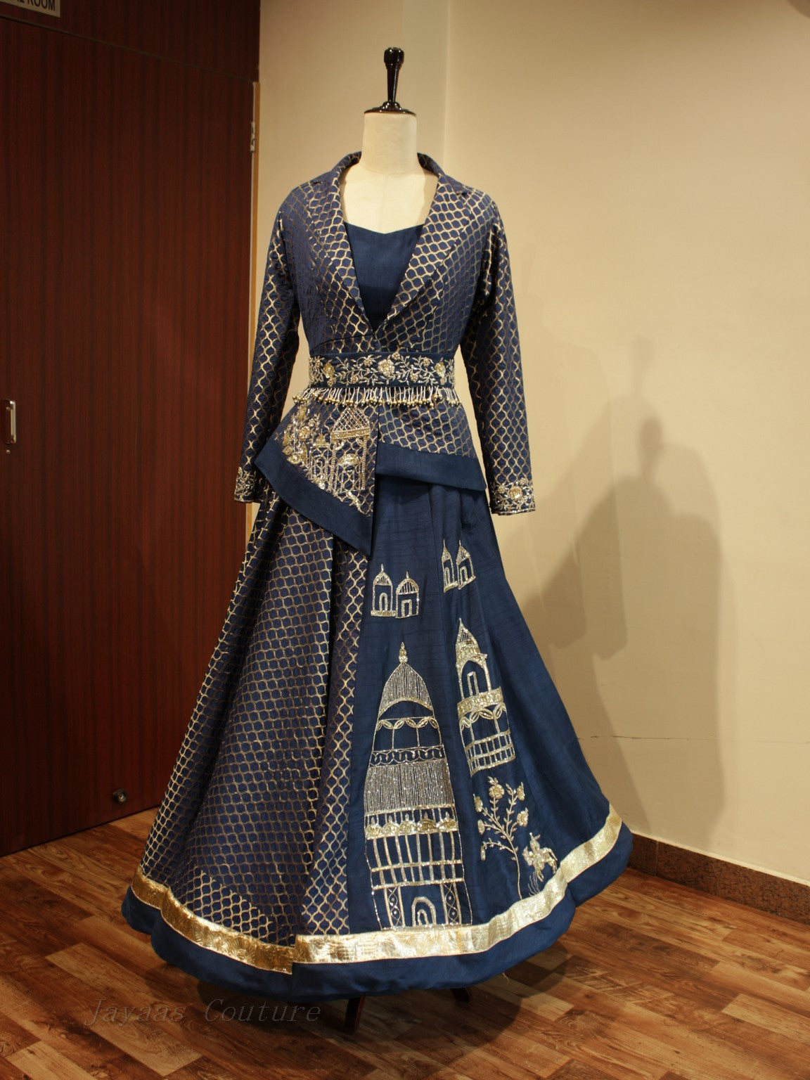 Prussian blue brocade lehenga set