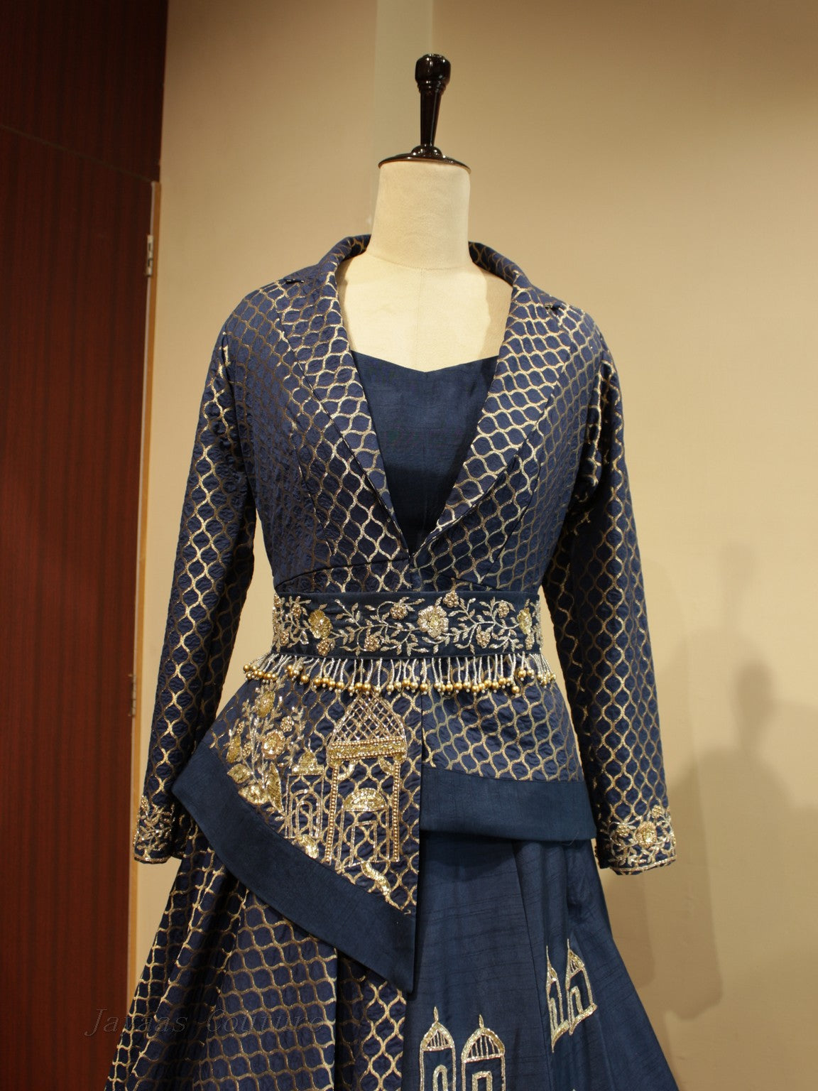 Prussian blue brocade lehenga set