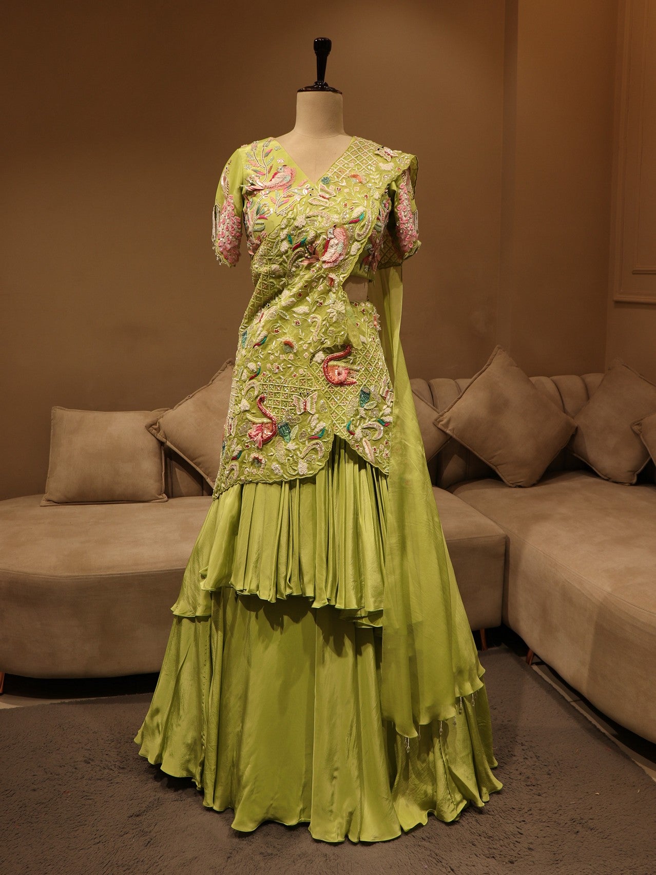 Parrot green radha krishna ji hand painted lehenga set