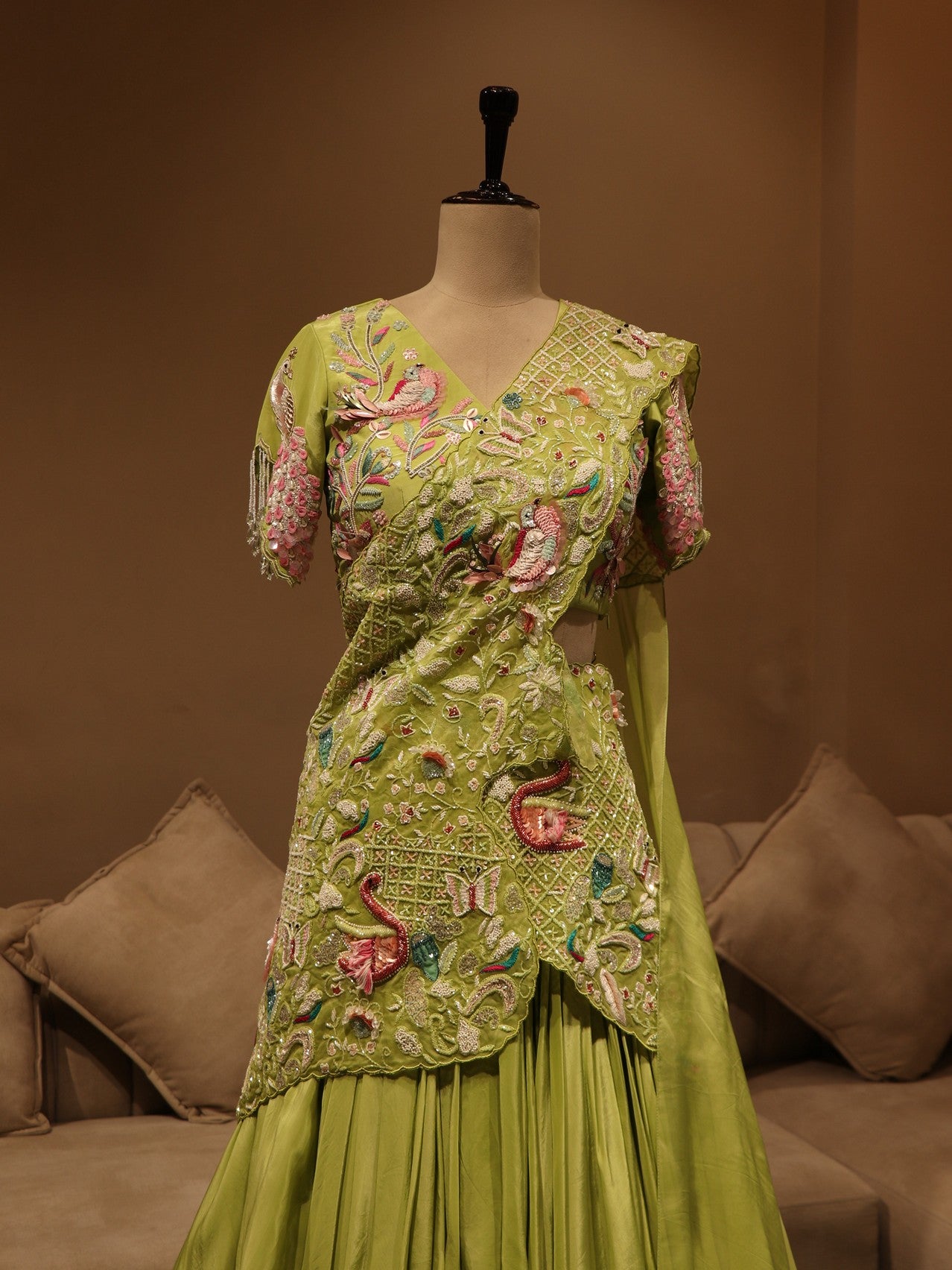 Parrot green radha krishna ji hand painted lehenga set