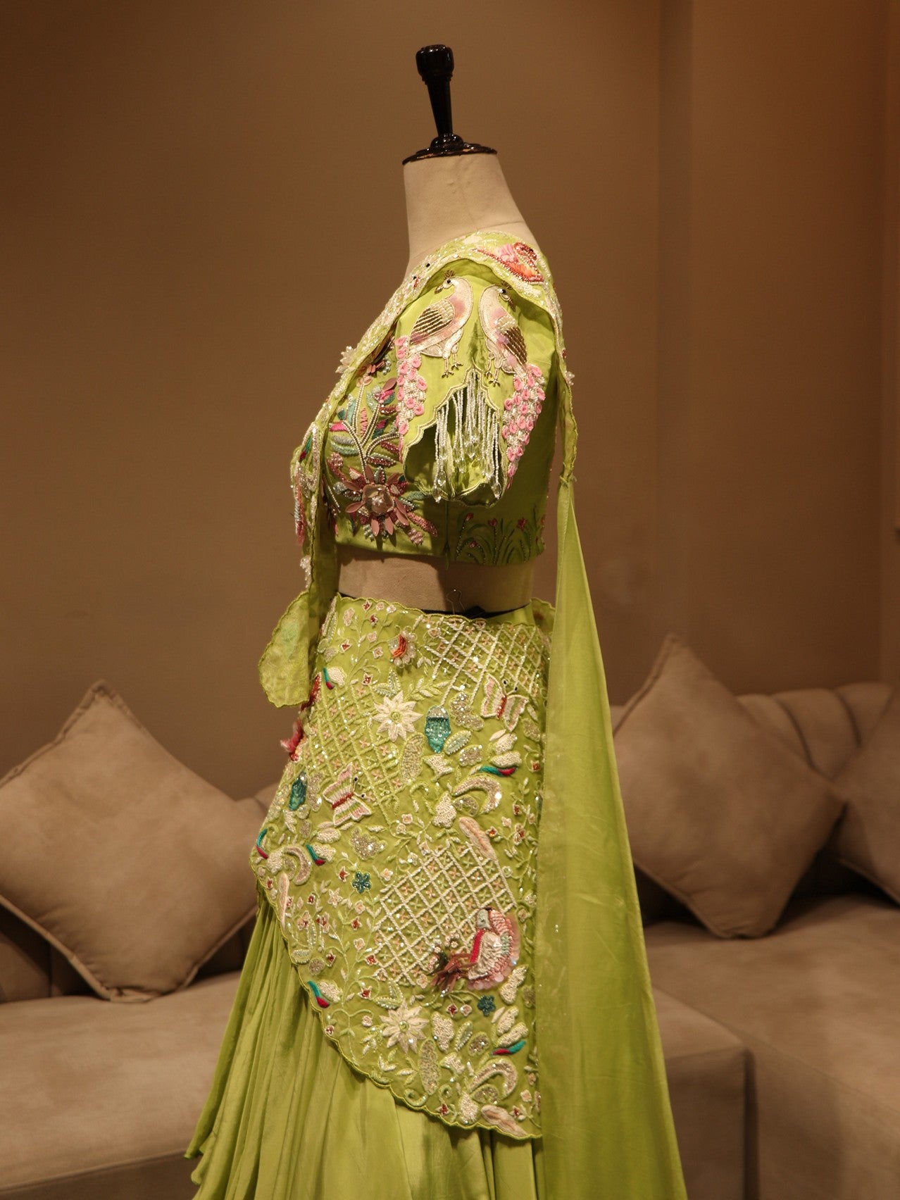 Parrot green radha krishna ji hand painted lehenga set