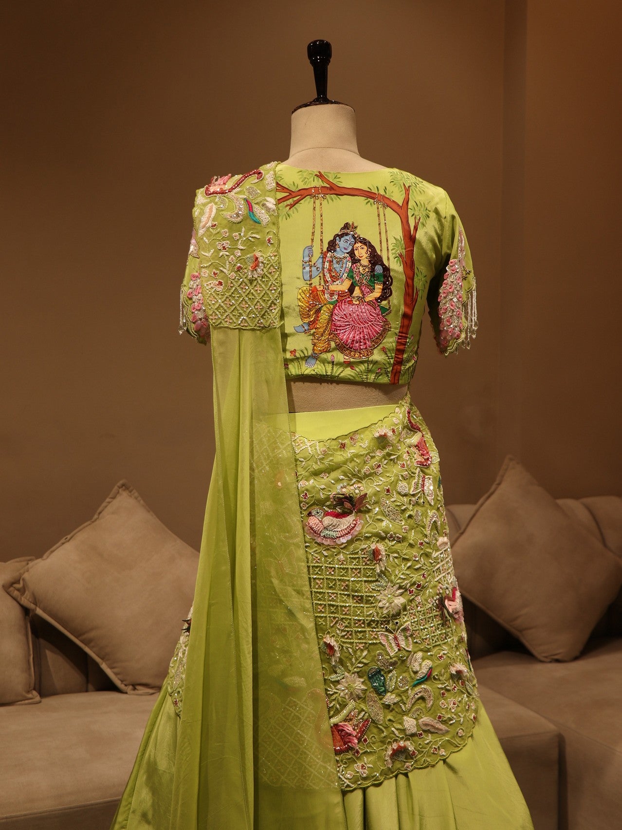 Parrot green radha krishna ji hand painted lehenga set