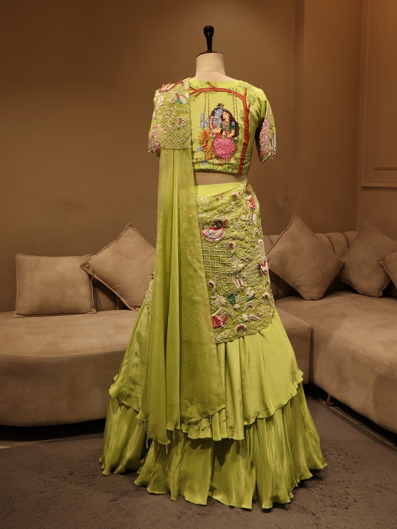 Parrot green radha krishna ji hand painted lehenga set