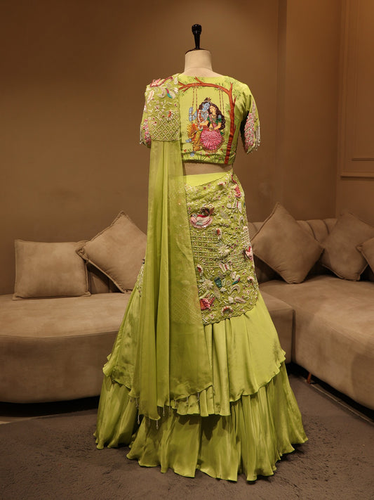 Parrot green radha krishna ji hand painted lehenga set