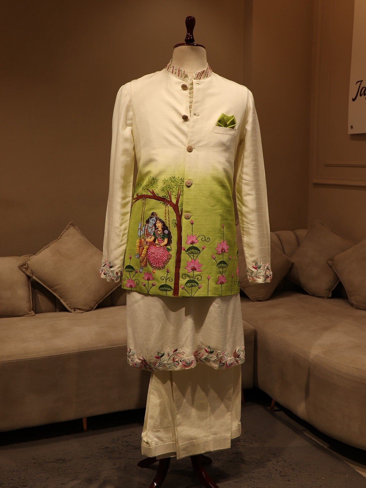 Parrot green radha krishna ji hand painted mens neheru jacket with kurta pants