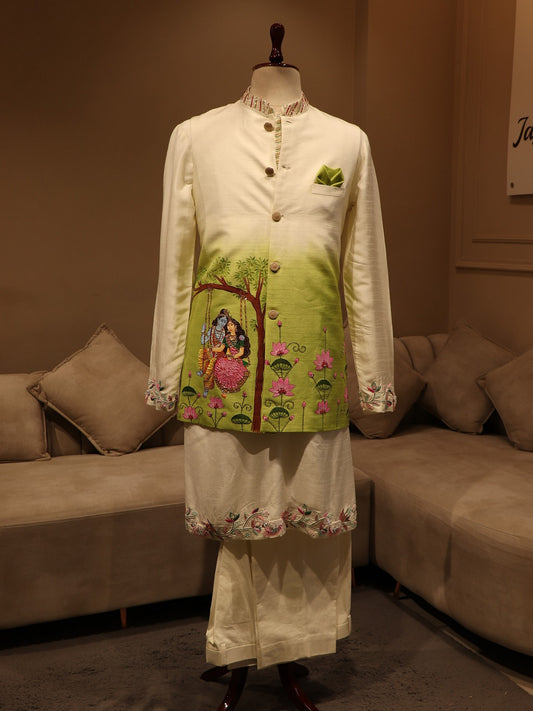 Parrot green radha krishna ji hand painted mens neheru jacket with kurta pants