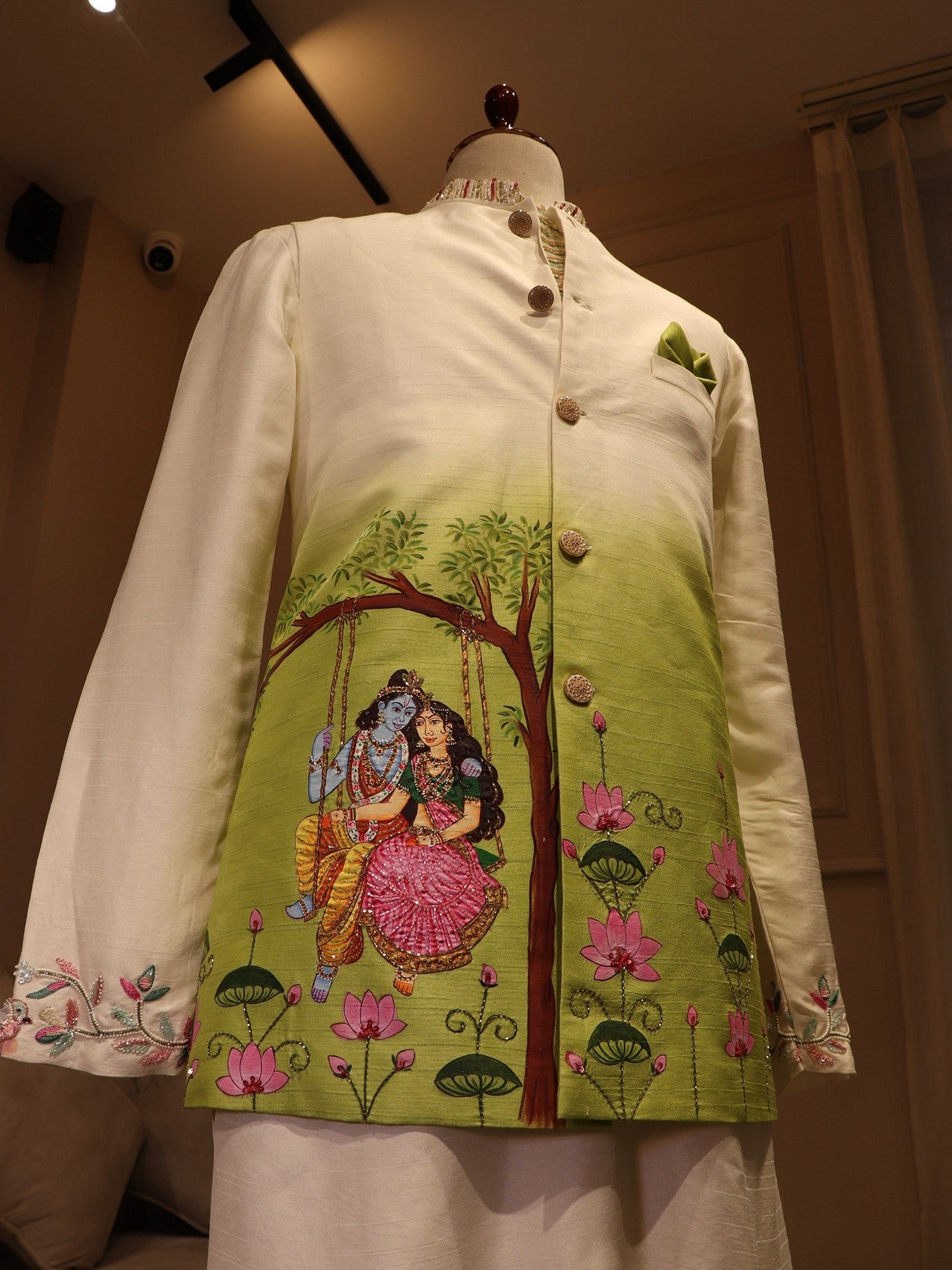 Parrot green radha krishna ji hand painted mens neheru jacket with kurta pants