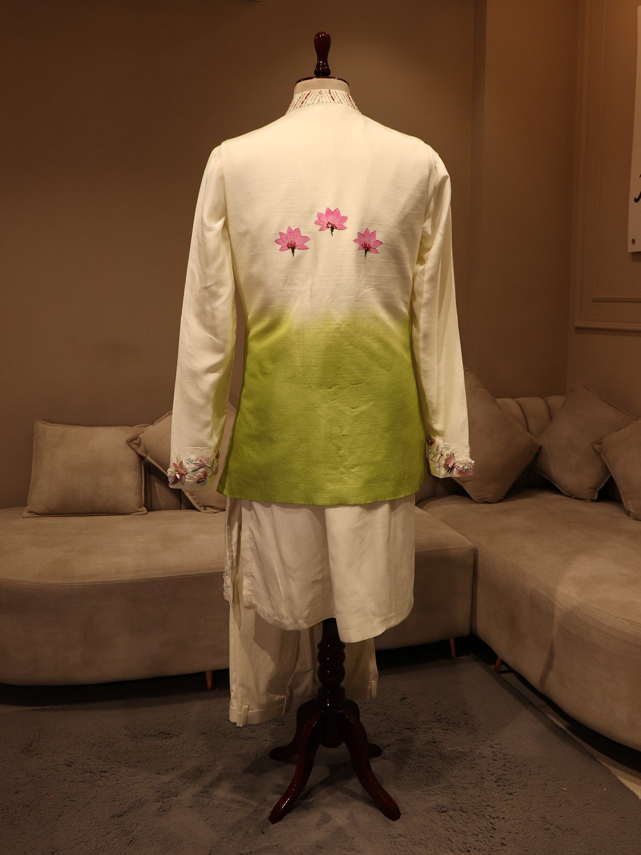 Parrot green radha krishna ji hand painted mens neheru jacket with kurta pants