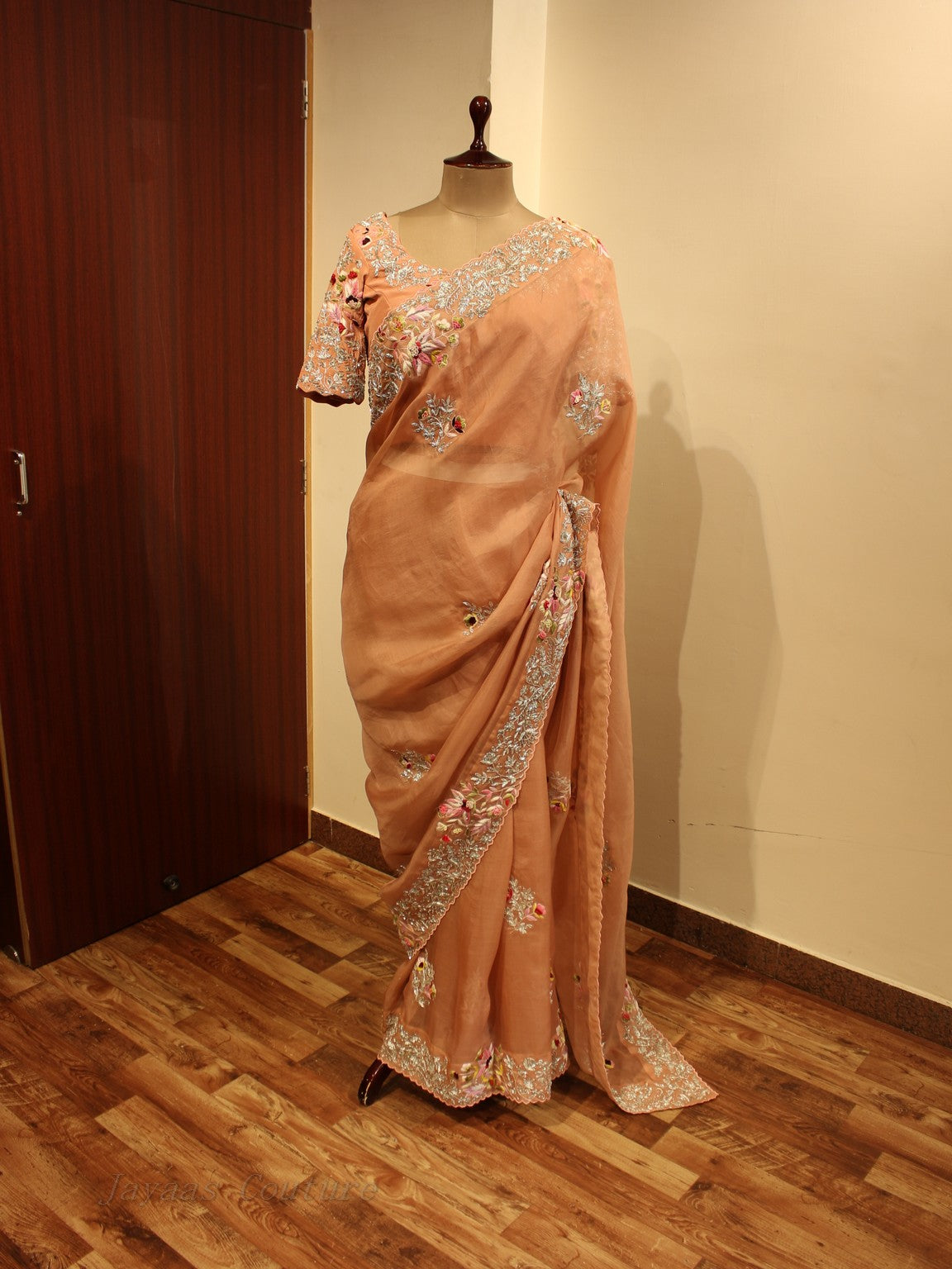 Rose gold peach embroidered saree