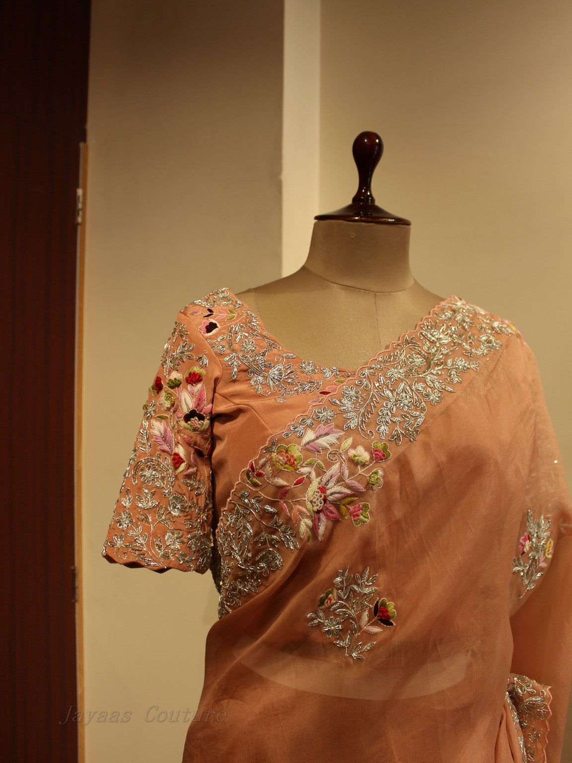 Rose gold peach embroidered saree