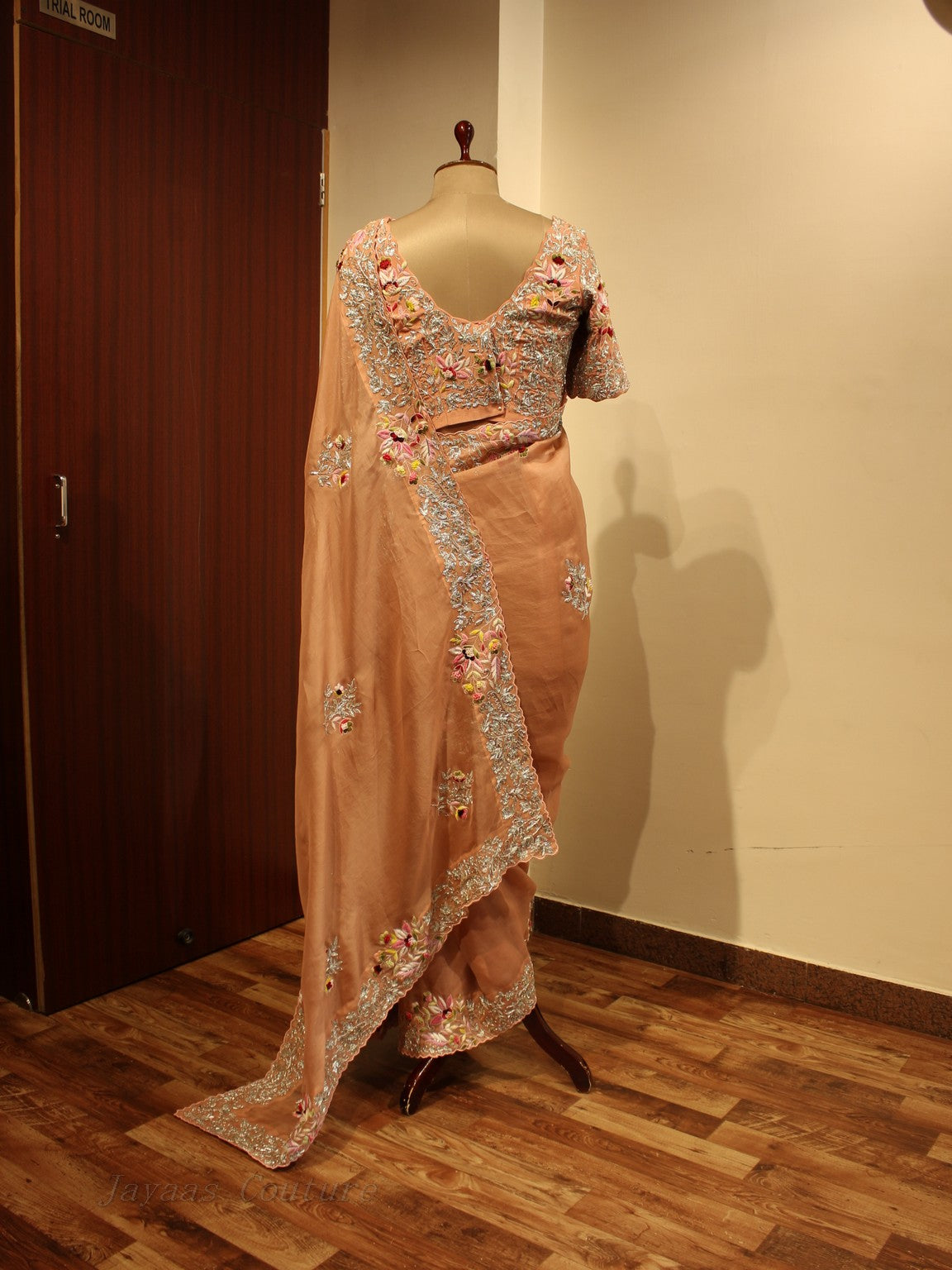 Rose gold peach embroidered saree