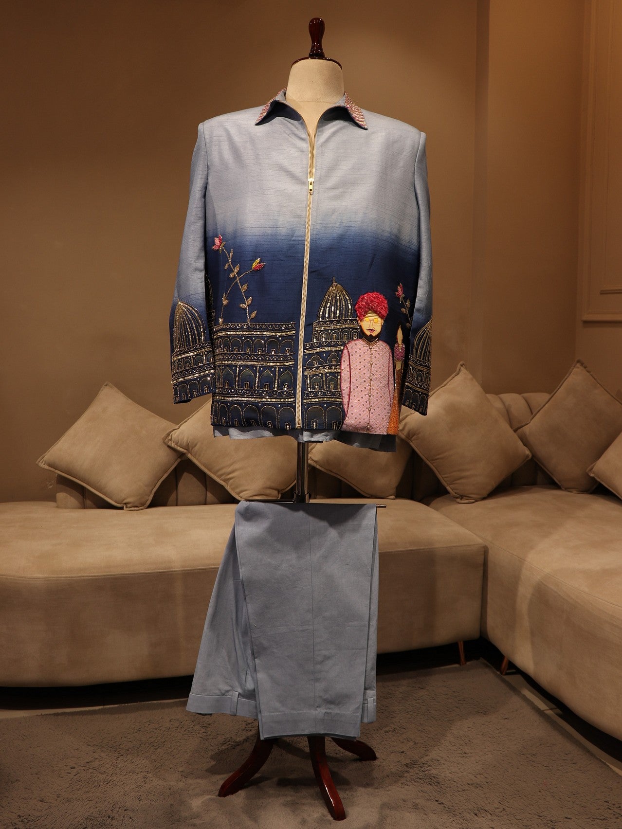 blue shaded hand painted mens bomberjacket with pants