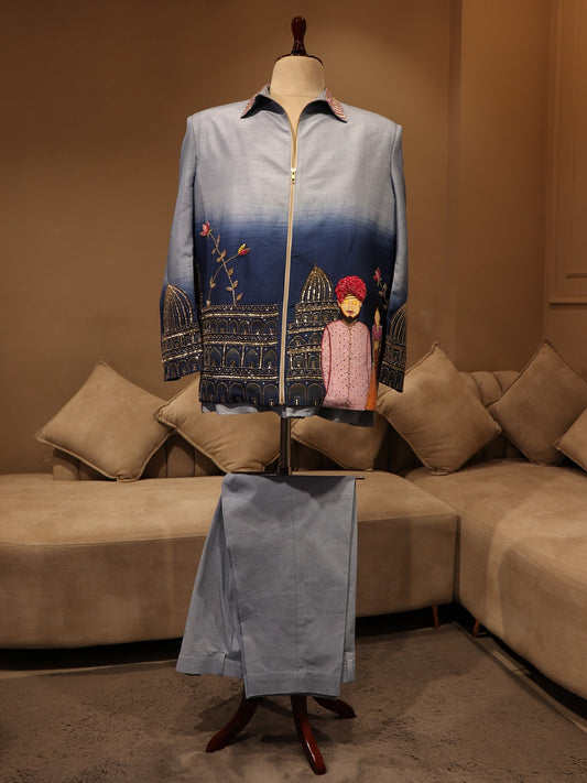 blue shaded hand painted mens bomberjacket with pants