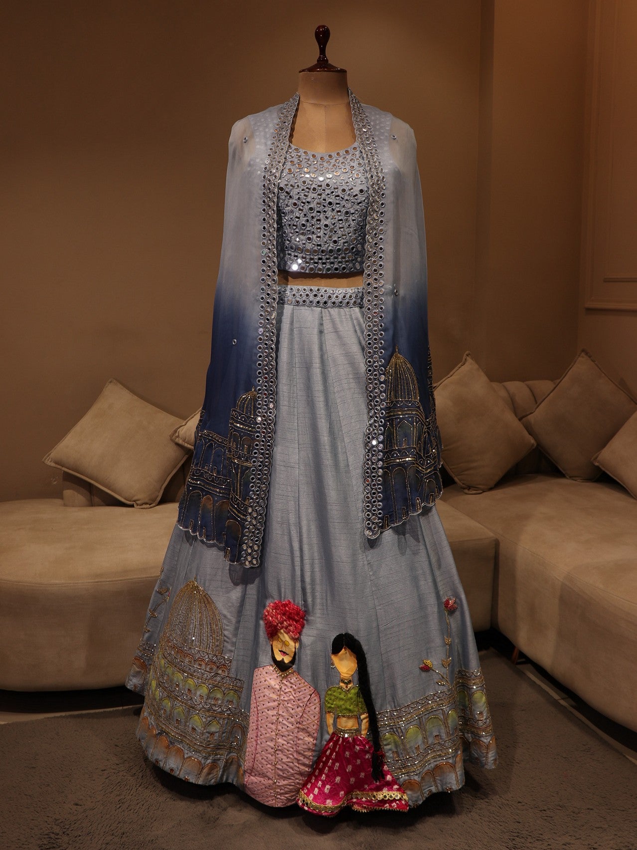 Blue shaded handpainted lehenga cape