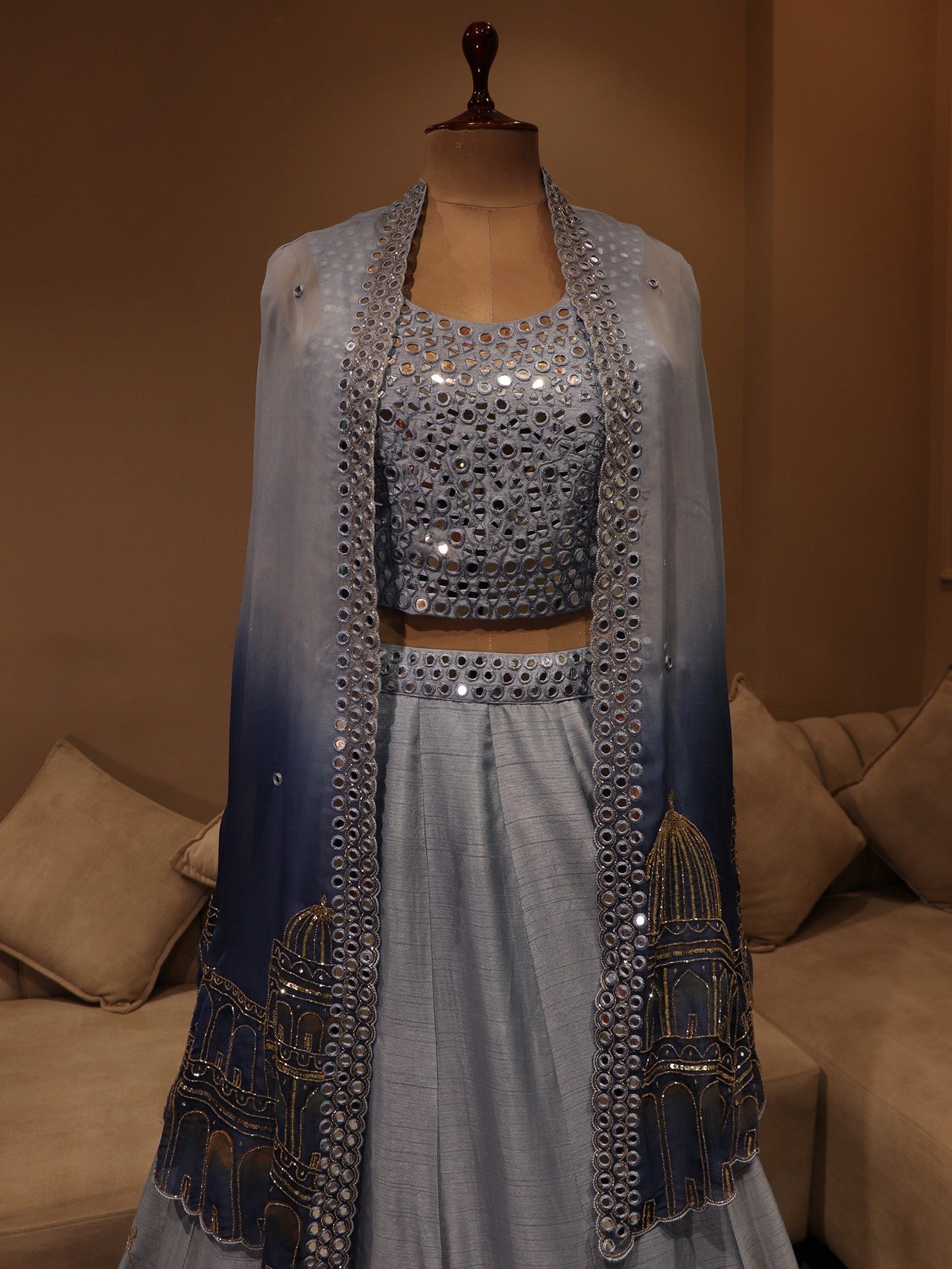 Blue shaded handpainted lehenga cape